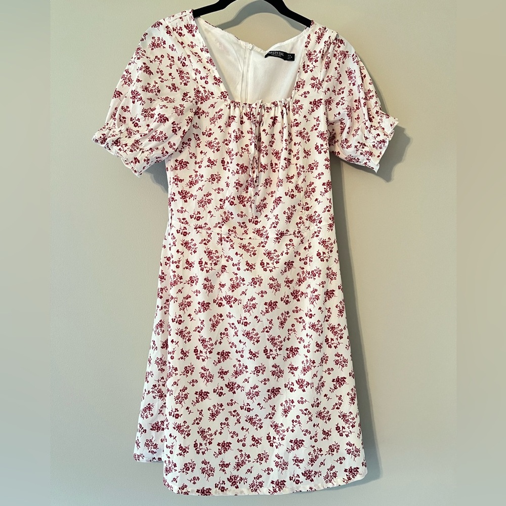 Nasty Gal White Dress with Red Floral Design